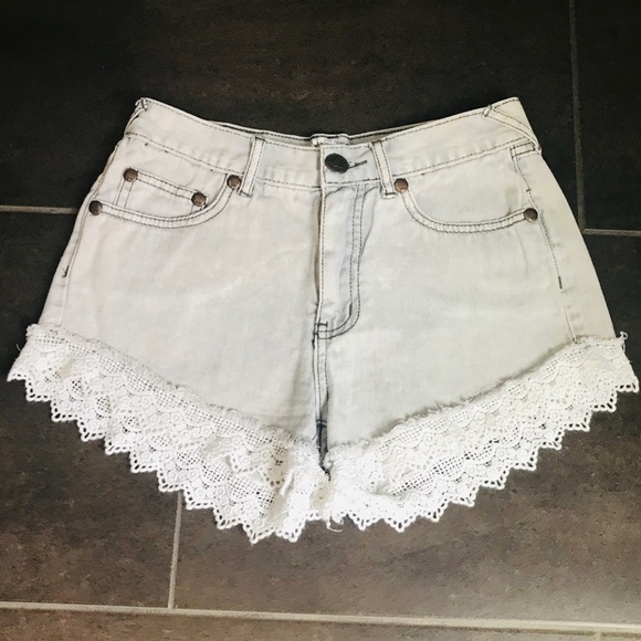 Free People Gray Lace Hem Denim Shorts - Picture 3 of 5